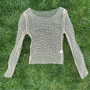 Sheer Pearl Mesh Top | Y2K Glitter Glam See-Through Long Sleeve Blouse